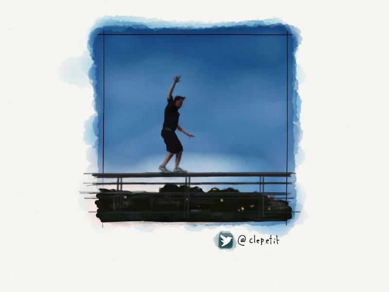 Digital watercolor and pencil portrait of man in shorts balancing on a hand rail with a skyline and blue clouds in view behind him.