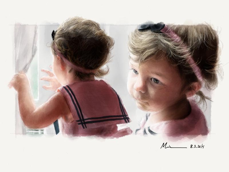 Digital watercolor and pencil portrait of identical twin girls in pink sailor outfits and head bands, looking out a window in a bright room.