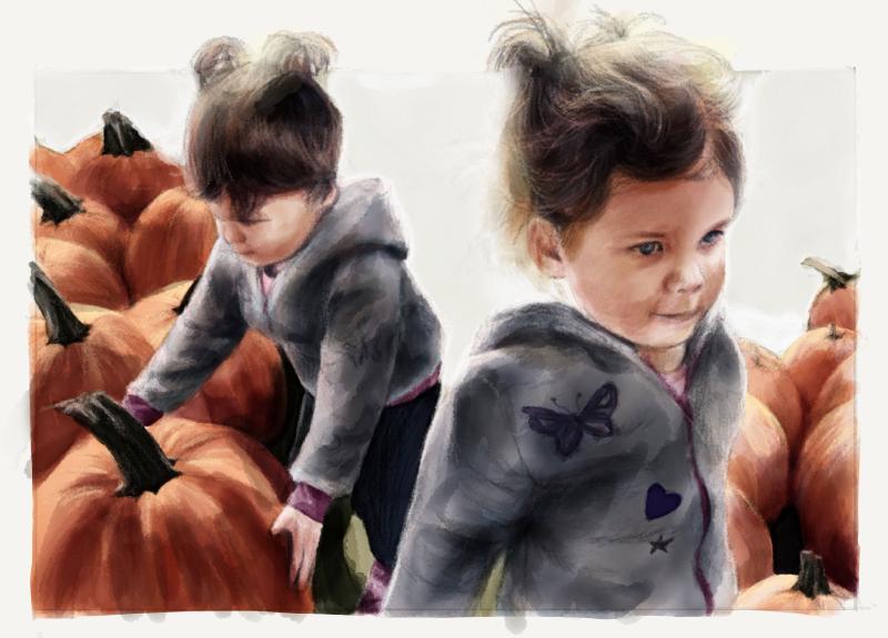 Digital watercolor and pencil portrait of twin girls wearing gray butterfly hoodies and their hair in pigtails as they play in a pumpkin patch.
